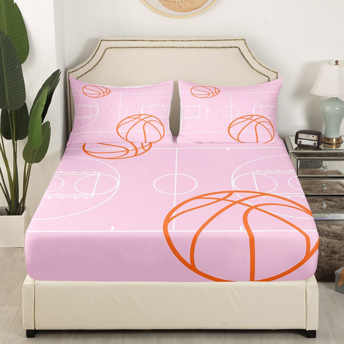 Feelyou Queen Basketball Bed Sheet Set Boys Girls Basketball Court Bedding Sheets for Kids Soft Pink Bedding Fitted Sheet Sport Bed Cover Room Decor,1 Fitted Sheet+2 Pillow Sham（No Flat Sheet）