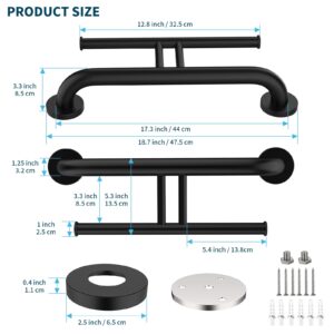 Grab Bar w/Double Toilet Paper Roll Holder Black, iHansee Stainless Steel Shower Support Handle Balanced Support Bars, Wall Mounted Safety Handrail Grab Rail for Elderly Senior Handicap Disabled