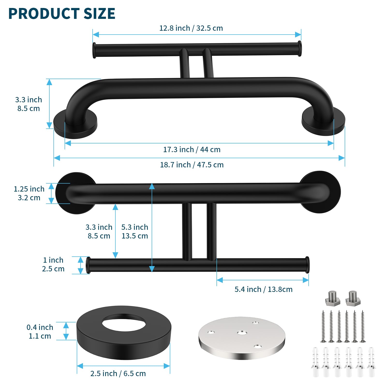 Grab Bar w/Double Toilet Paper Roll Holder Black, iHansee Stainless Steel Shower Support Handle Balanced Support Bars, Wall Mounted Safety Handrail Grab Rail for Elderly Senior Handicap Disabled