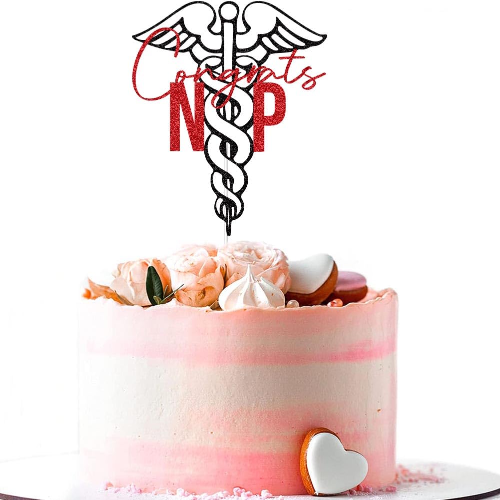 Congrats NP Cake Topper, Congrats Nurse, Future Nurse, 2024 Nursing School Graduation Party Decorations Black & Red Glitter