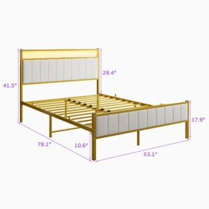 Full Size Bed Frame with Headboard & LED Lights,Upholstered Platform Bed Frame Full Size with Charging Station,Heavy Duty Velvet Bed Frame,No Box Spring Need,Noise Free,Easy Assembly,White