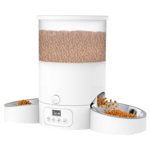 surdy automatic cat feeder for 2 cats, 3l cat food dispenser auto cat feeder with 2 stainless bowls, 10s meal call dual power supply and timer setting 12 portions 6 meals per day for cats (white, 3l)