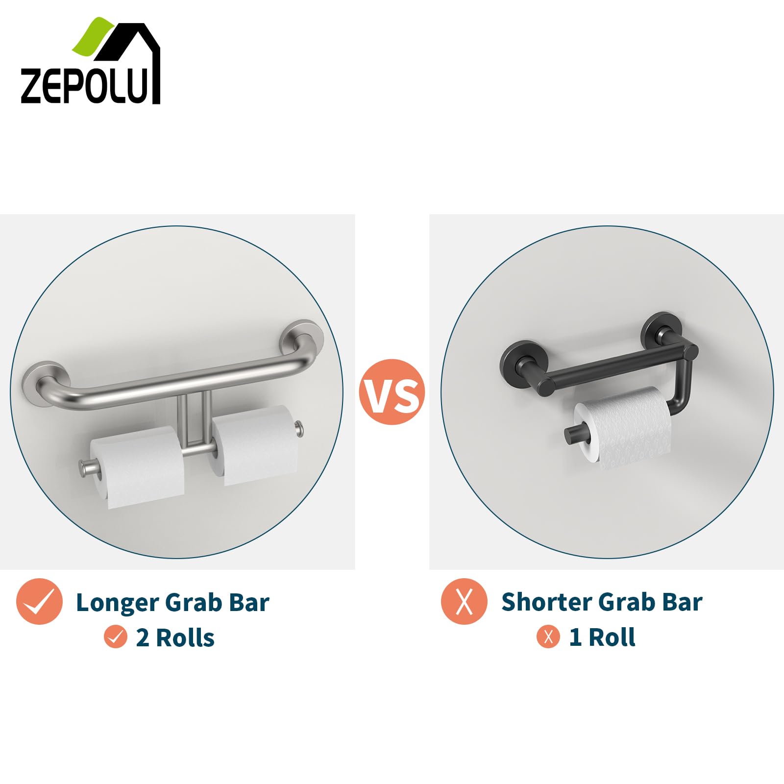 Brushed Nickel Handicap Grab Bar w/Toilet Paper Roll Holder, Zepolu 2-in-1 Safety Assist Bar Balanced Support Handle 17 Inch, Stainless Steel Wall Mounted Bathroom Toilet Grab Bar for Senior Elderly