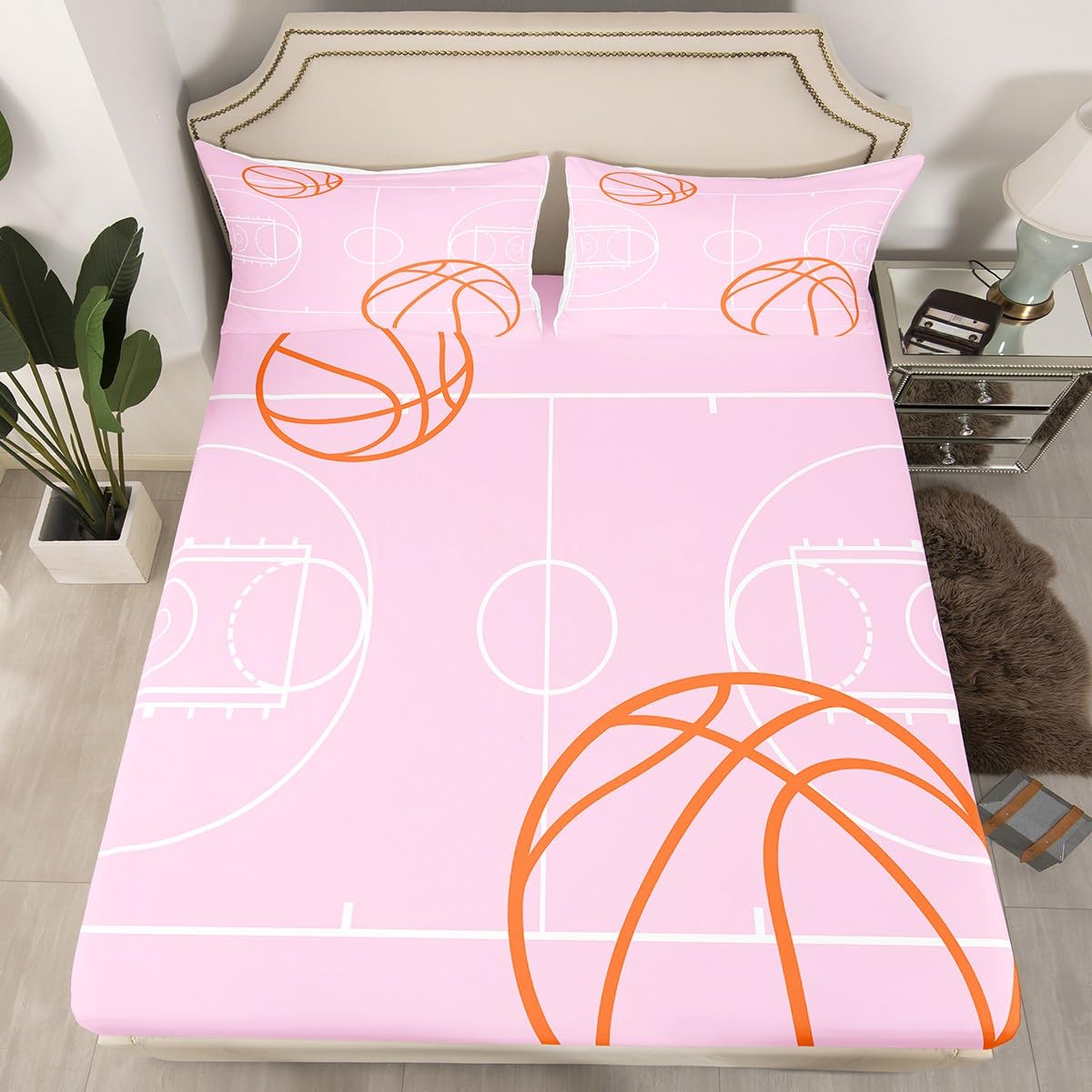 Feelyou Queen Basketball Bed Sheet Set Boys Girls Basketball Court Bedding Sheets for Kids Soft Pink Bedding Fitted Sheet Sport Bed Cover Room Decor,1 Fitted Sheet+2 Pillow Sham（No Flat Sheet）