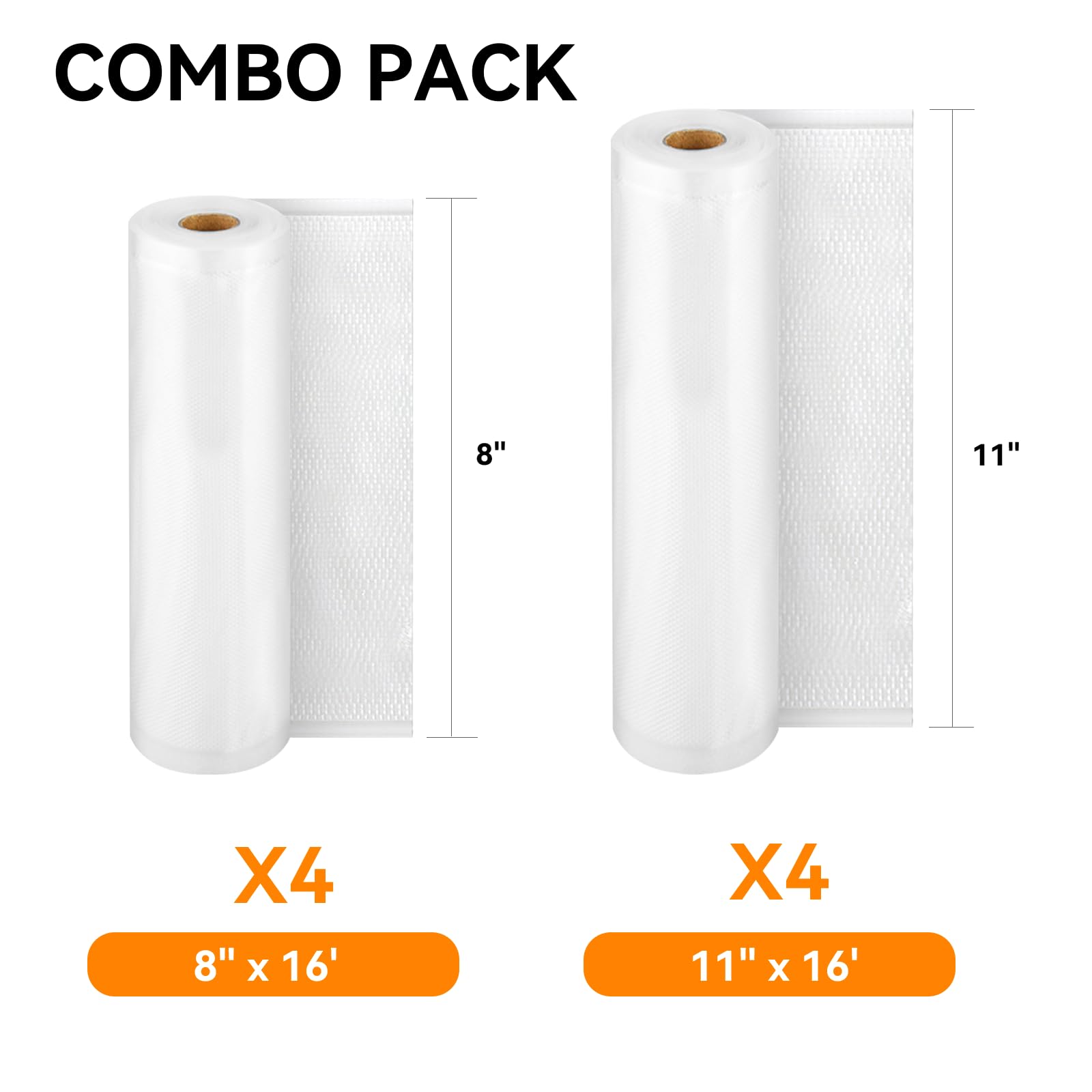 Wevac 8 Pack 11" x 16' and 8" x 16', Vacuum Sealer Bags Rolls for Food Saver, Weston, Commercial Grade, BPA Free, Heavy Duty, Great for vac storage, Meal Prep or Sous Vide