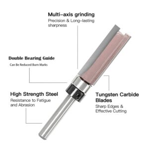 SICWOOD 9pcs Pattern Flush Trim Router Bit 1/4 Shank, Carbide Tipped Top Bearing Template Pattern Router Bit, Straight Flush Cut Router Bit, for Wood Trimming