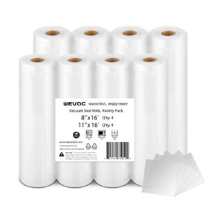 wevac 8 pack 11" x 16' and 8" x 16', vacuum sealer bags rolls for food saver, weston, commercial grade, bpa free, heavy duty, great for vac storage, meal prep or sous vide