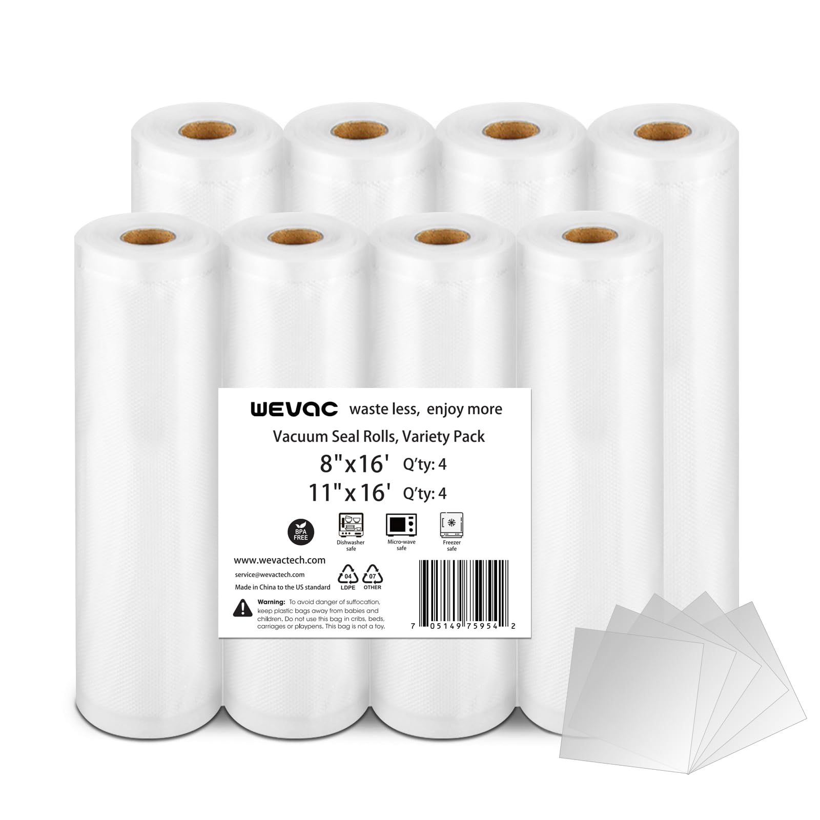 Wevac 8 Pack 11" x 16' and 8" x 16', Vacuum Sealer Bags Rolls for Food Saver, Weston, Commercial Grade, BPA Free, Heavy Duty, Great for vac storage, Meal Prep or Sous Vide