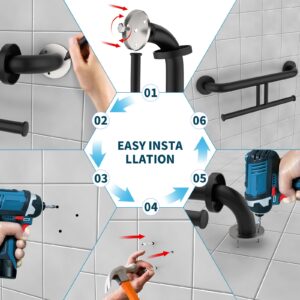 Grab Bar w/Double Toilet Paper Roll Holder Black, iHansee Stainless Steel Shower Support Handle Balanced Support Bars, Wall Mounted Safety Handrail Grab Rail for Elderly Senior Handicap Disabled