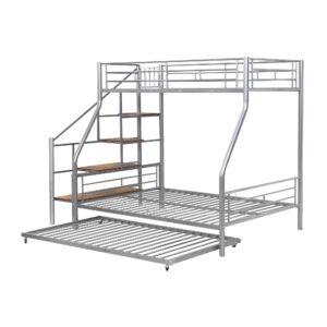 Bellemave Twin Over Full Metal Bunk Beds with Trundle and Storage Staircase,Heavy-Duty Metal Bunk Bed Frame for Kids,Teens,Adults，Space-Saving,Silver