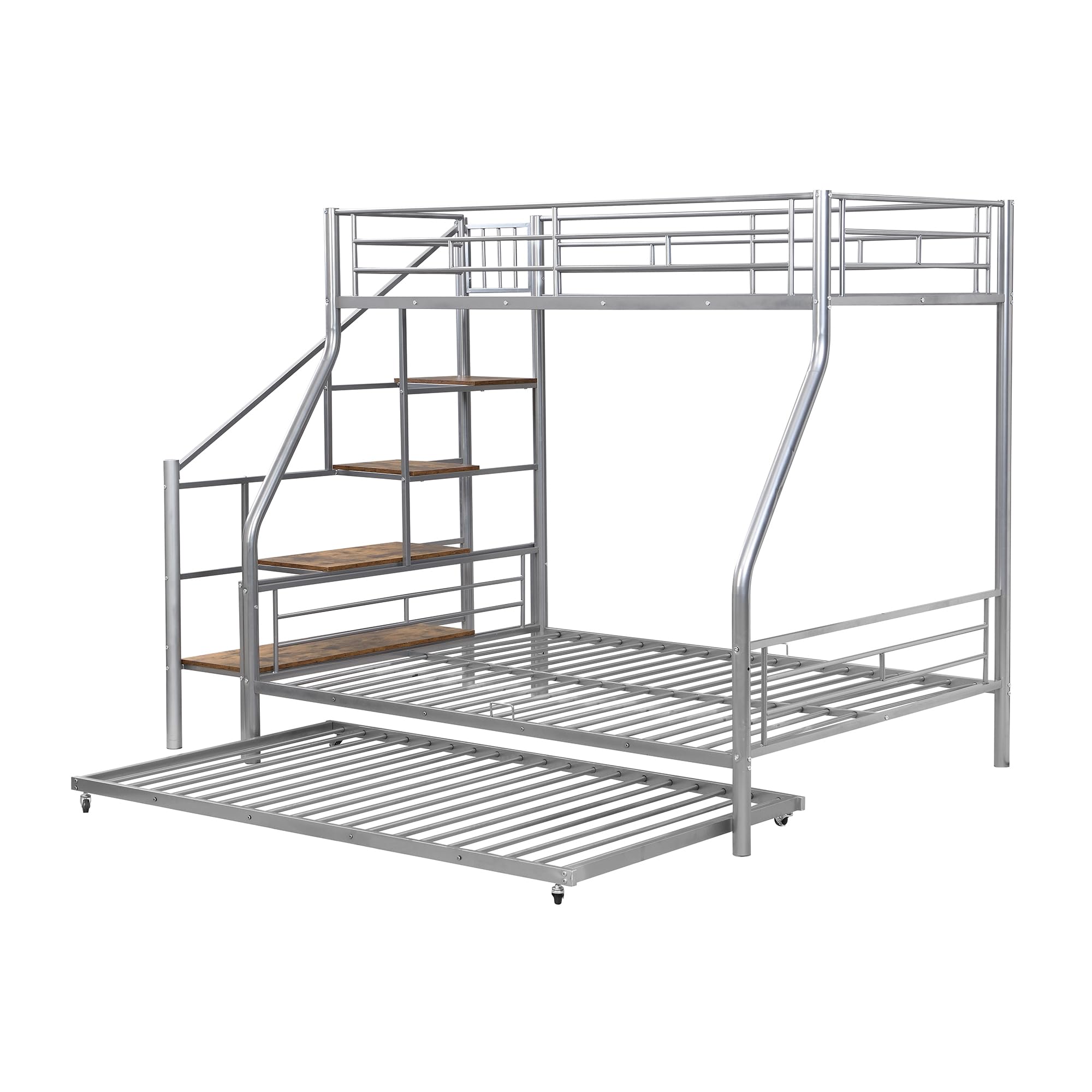 Bellemave Twin Over Full Metal Bunk Beds with Trundle and Storage Staircase,Heavy-Duty Metal Bunk Bed Frame for Kids,Teens,Adults，Space-Saving,Silver