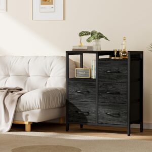 Furnulem Dresser for Bedroom with 5 Fabric Drawers, Vertical Chest of Drawers and Nightstand for Bedroom, Black Furniture with Fabric Drawer Organizer Unit in Living Room,Closet,Entryway,Hallyway