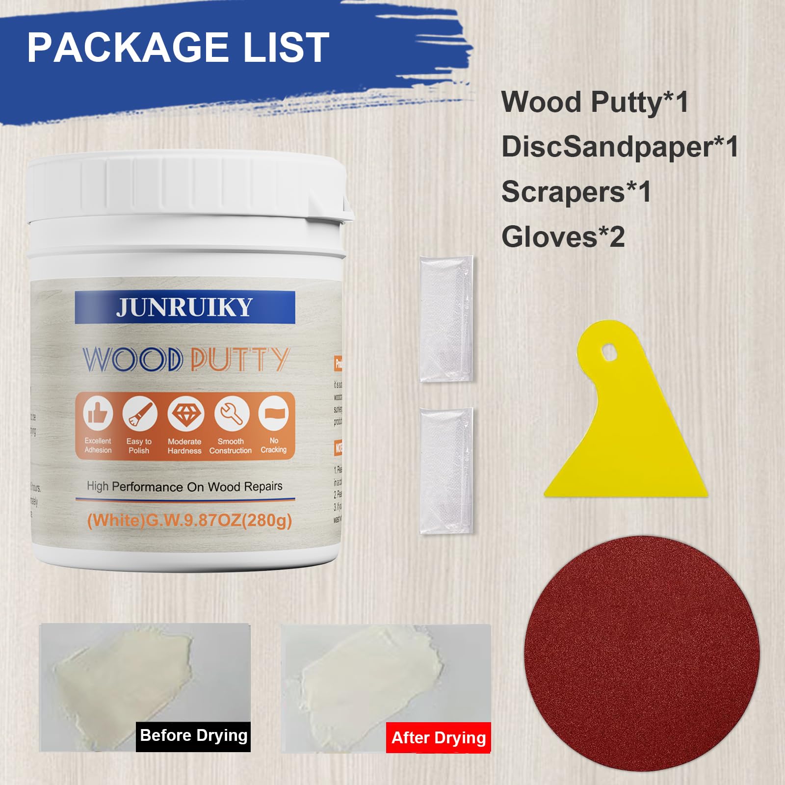 Wood Filler, Wood Putty, Wood Putty Filler Paintable, Stainable & Quick Drying Quickly Repair Any Broken Holes, Cracks, Chips and defective Wooden Furniture Outdoor Wood Repair Kit (White，9.87 Ounce)