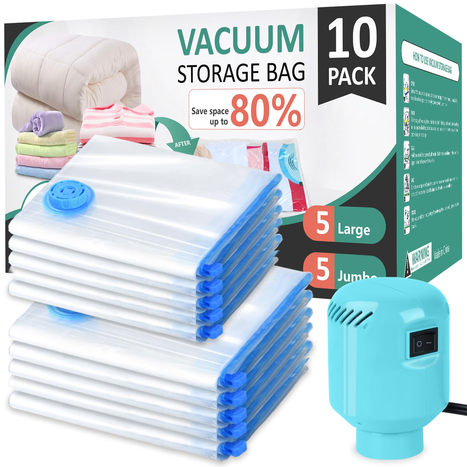 Morecoo Vacuum Storage Bags with Electric Pump & New Air Valve, 10 Pack Space Saver Bags (5 Jumbo/5 Large) for Clothes, Comforters, Blankets - Press & Pump Compression Bags for Travel Essentials