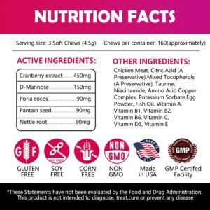 Cranberry Bladder Health for Dogs - Dog Antioxidant- 160 Cranberry Soft Chew Supplements for a Healthy Urinary Tract and Bladder Control – Made with Cranberry & D-Mannose & Vitamins (Chicken Flavor)