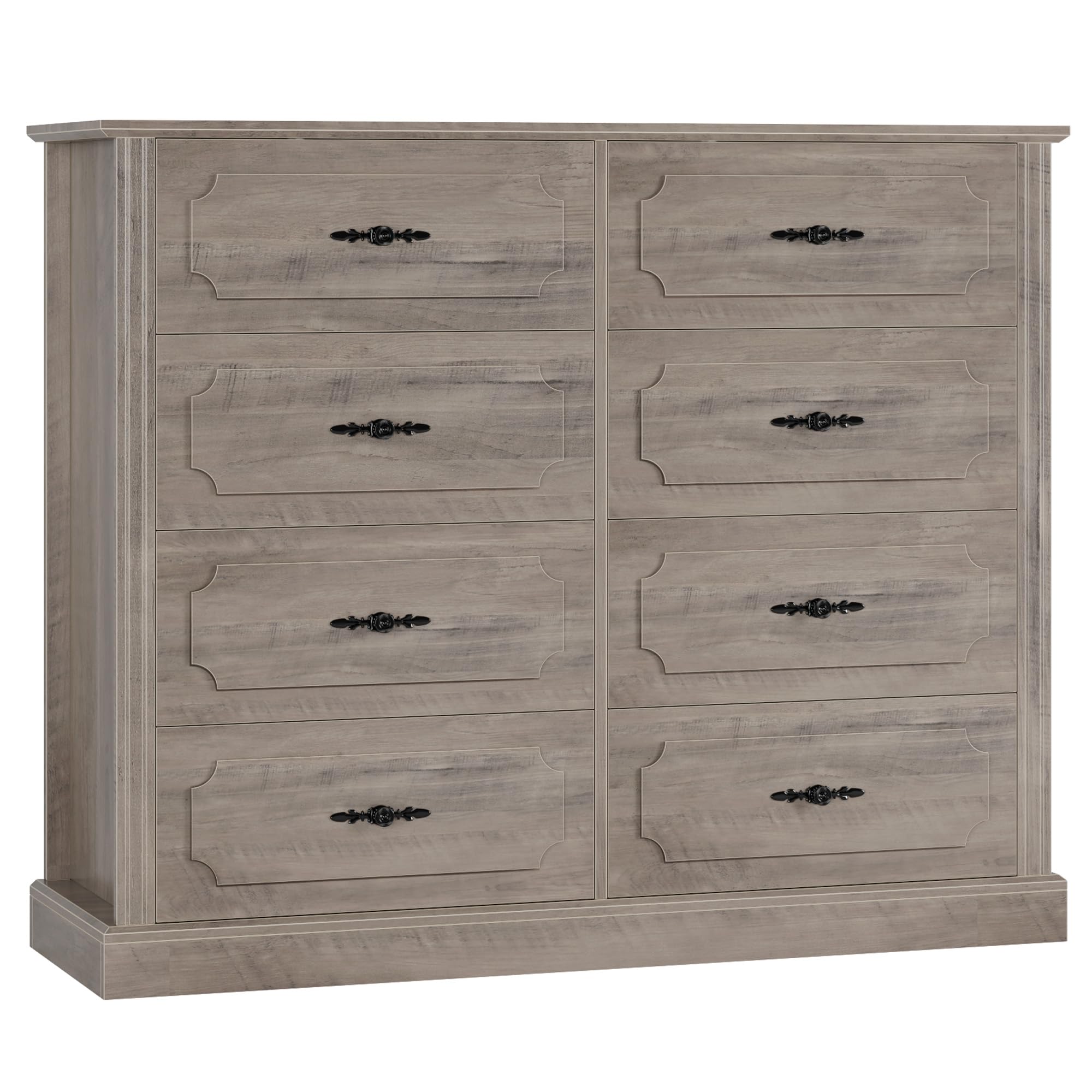 FINETONES Grey Dresser Chest of Drawers, 47.2” Farmhouse Dresser Wood Dresser 8 Drawer Dresser with Steel Handles, Modern Dresser Drawers Floor Storage Cabinet for Living Room Hallway Office