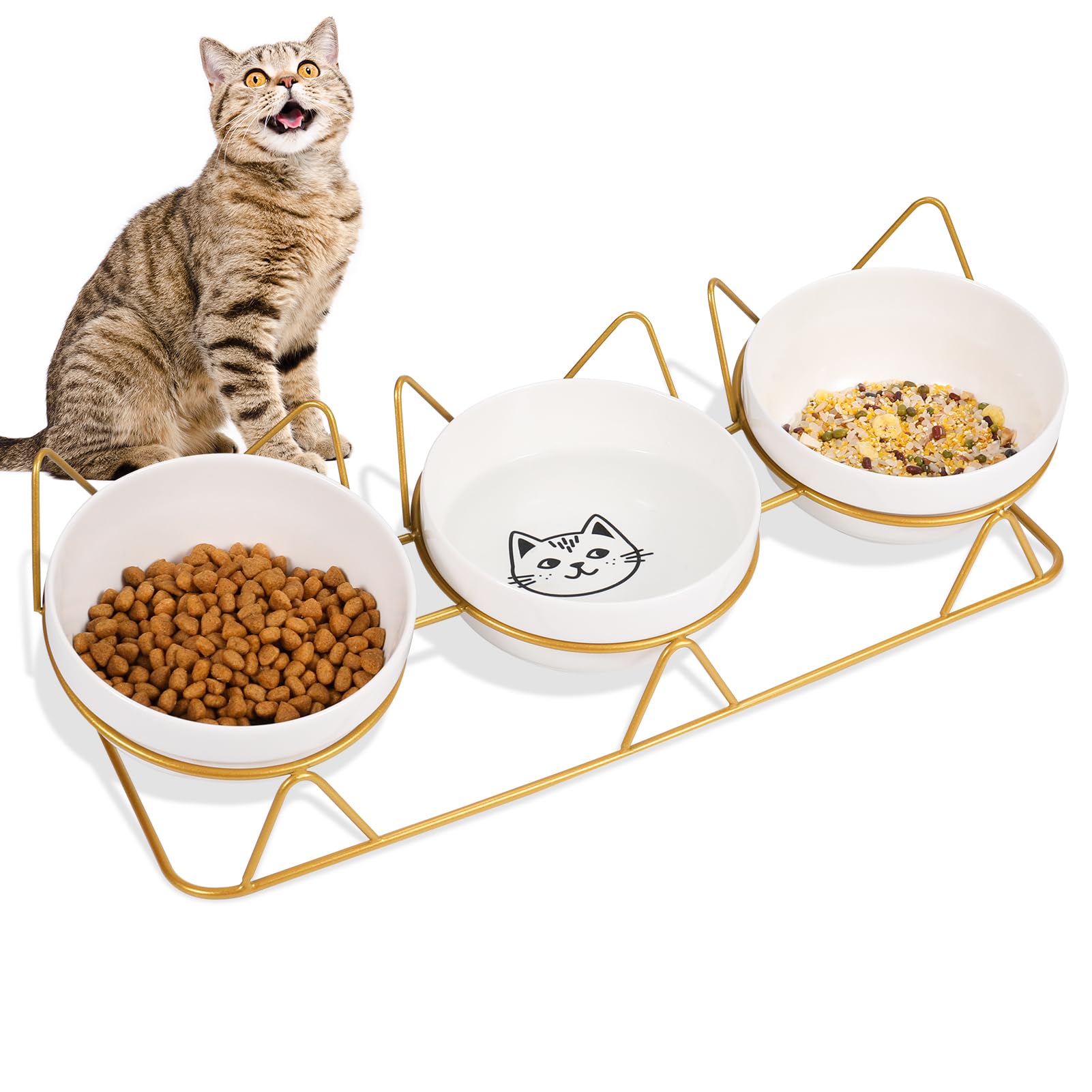 Wedding Pails Elevated Cat Bowls with 3 Ceramic Bowls,5 inches Food & Water Bowls 15° Tilted Raised Feeding Dishes with Metal Stand for Multiple Cats Dog Pet, Gold