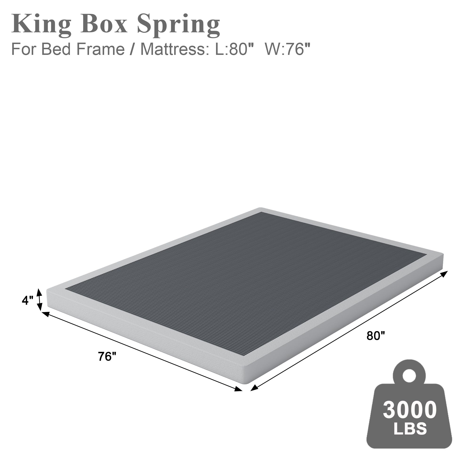 Seiugaga King Box Spring 4 Inch - Heavy Duty Box Spring Mattress Foundation Metal Bed Base with Fabric Cover, Noise Free Easy Assembly Non Slip 3000lbs Max