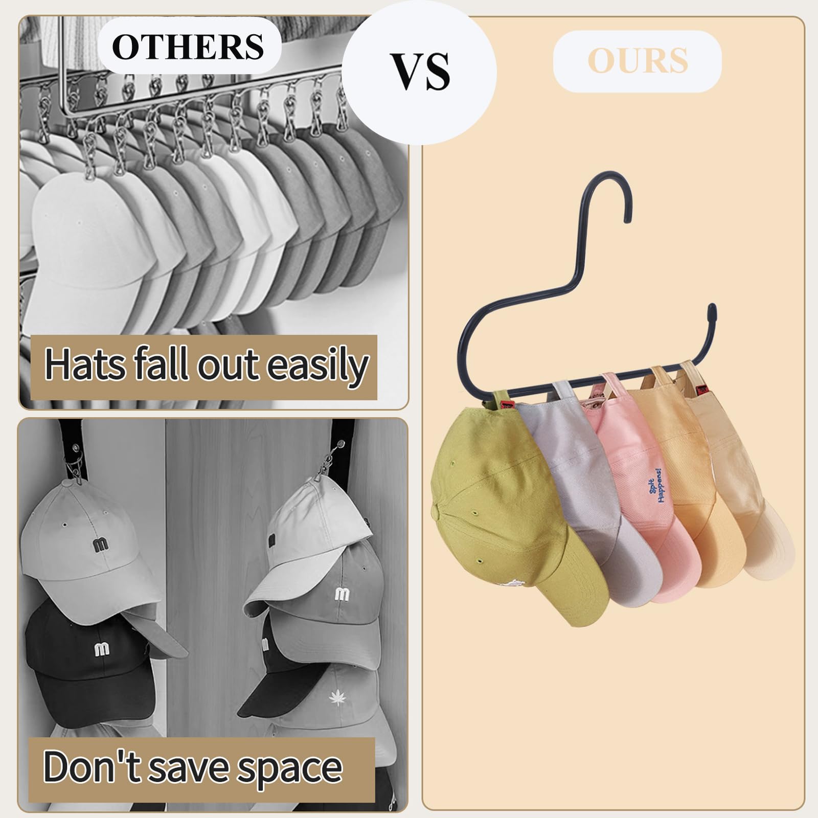 Hat Rack,Hat Organizer for Baseball Caps，2 Pack Metal Hat Holder for Closet,Baseball Cap Organizer Holds up to 20 Caps, Slip-Resistant Hat Hangers for Closet Storage