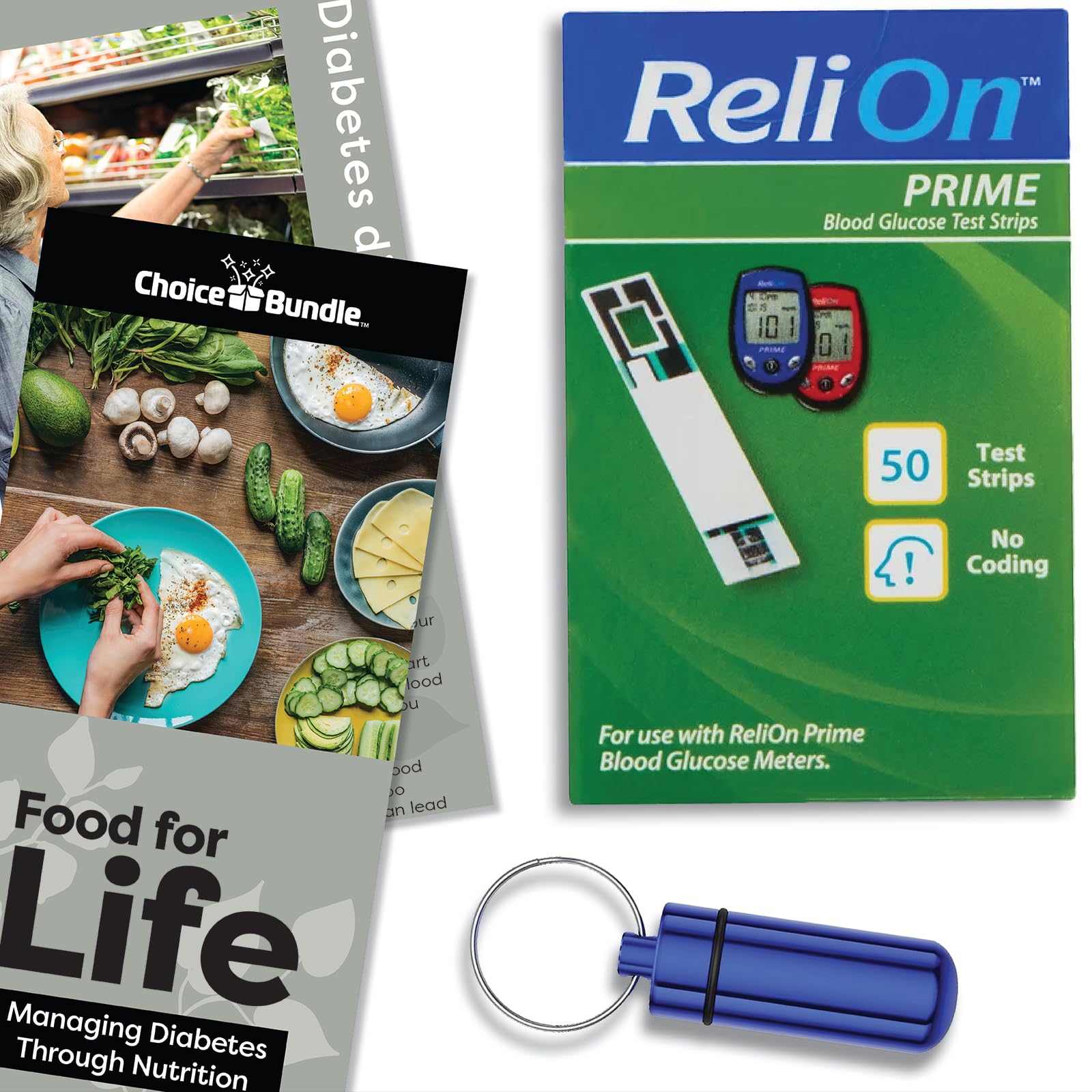 ReliOn Reli On Prime Blood Glucose Test Strips, 50 Ct Choice Bundle I Includes Food for Life Guide & Portable Pill Container (3 Items)!