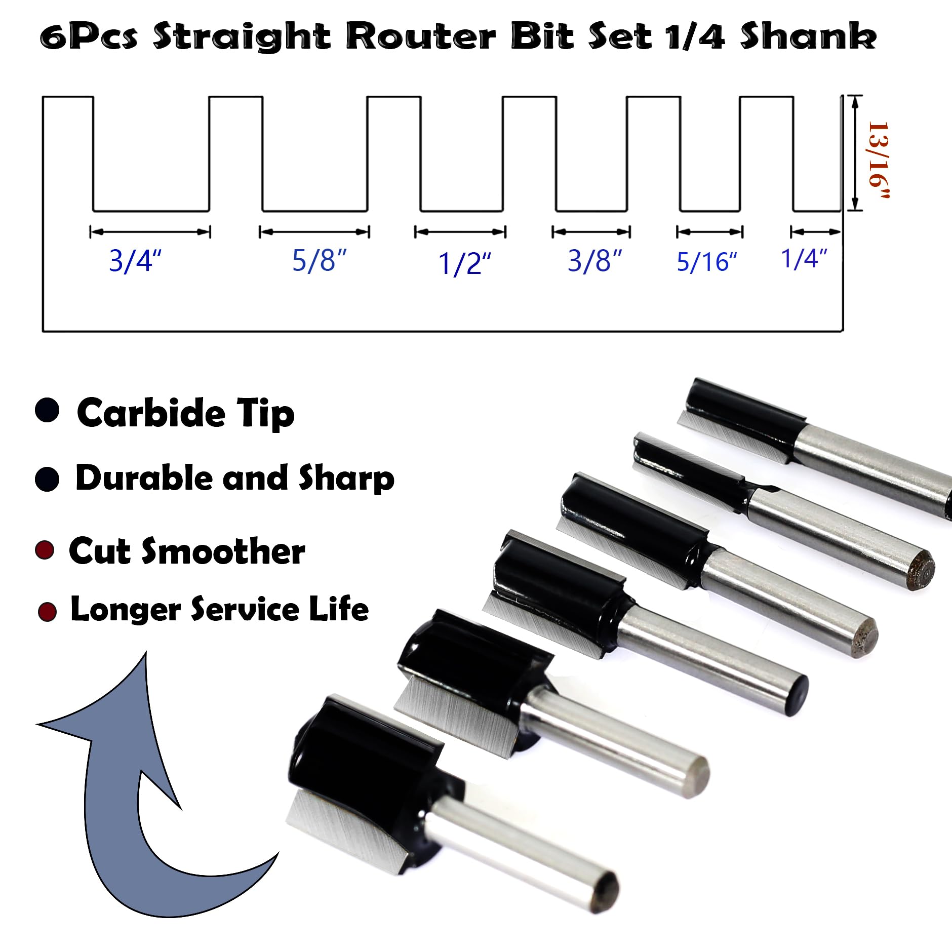 6Pcs Straight Router Bit Set 1/4 Shank, Double Flute Straight Bit Dado Straight Cut Router Bit, Cut Dia 3/4", 5/8", 1/2", 3/8", 5/16", 1/4", Straight Router Bit for Woodworking Groove by SICWOOD