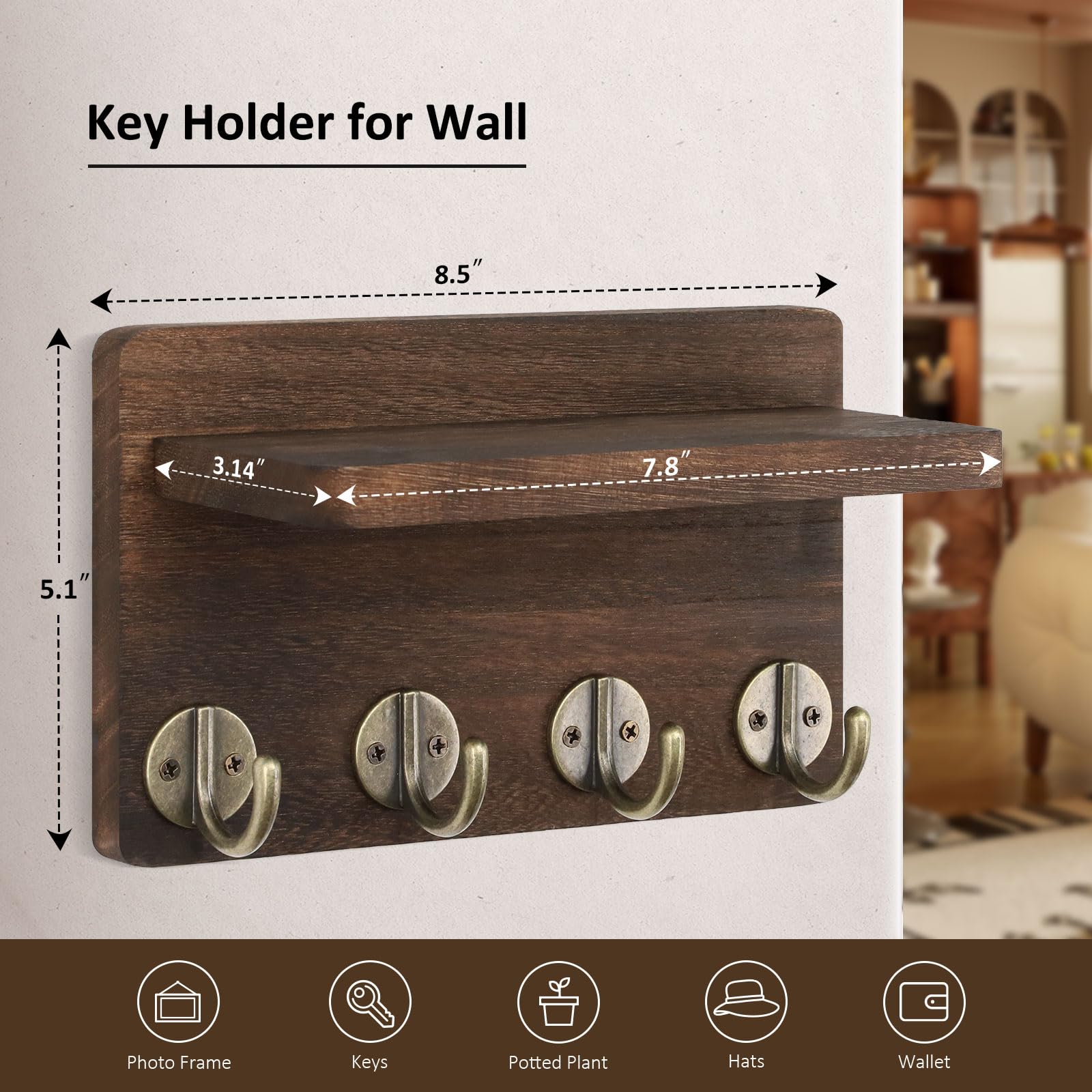 Nekon Key Holder Wall Mount, 8.5 Inch Small Home Decor Wooden Wall Organizer with 4 Hooks and Shelf, Wall Decor for Living Room Entryway Kitchen (Brown)