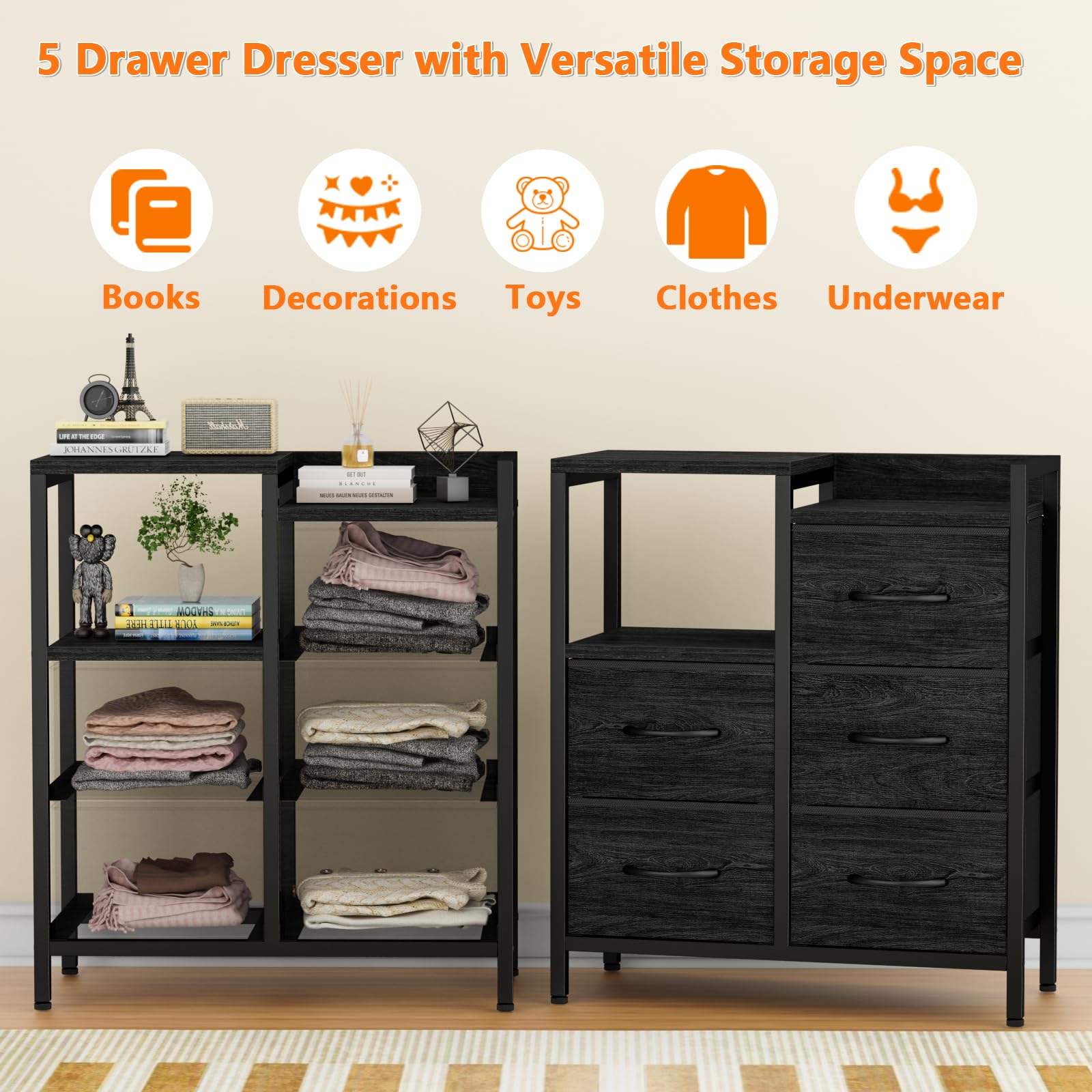 Furnulem Dresser for Bedroom with 5 Fabric Drawers, Vertical Chest of Drawers and Nightstand for Bedroom, Black Furniture with Fabric Drawer Organizer Unit in Living Room,Closet,Entryway,Hallyway