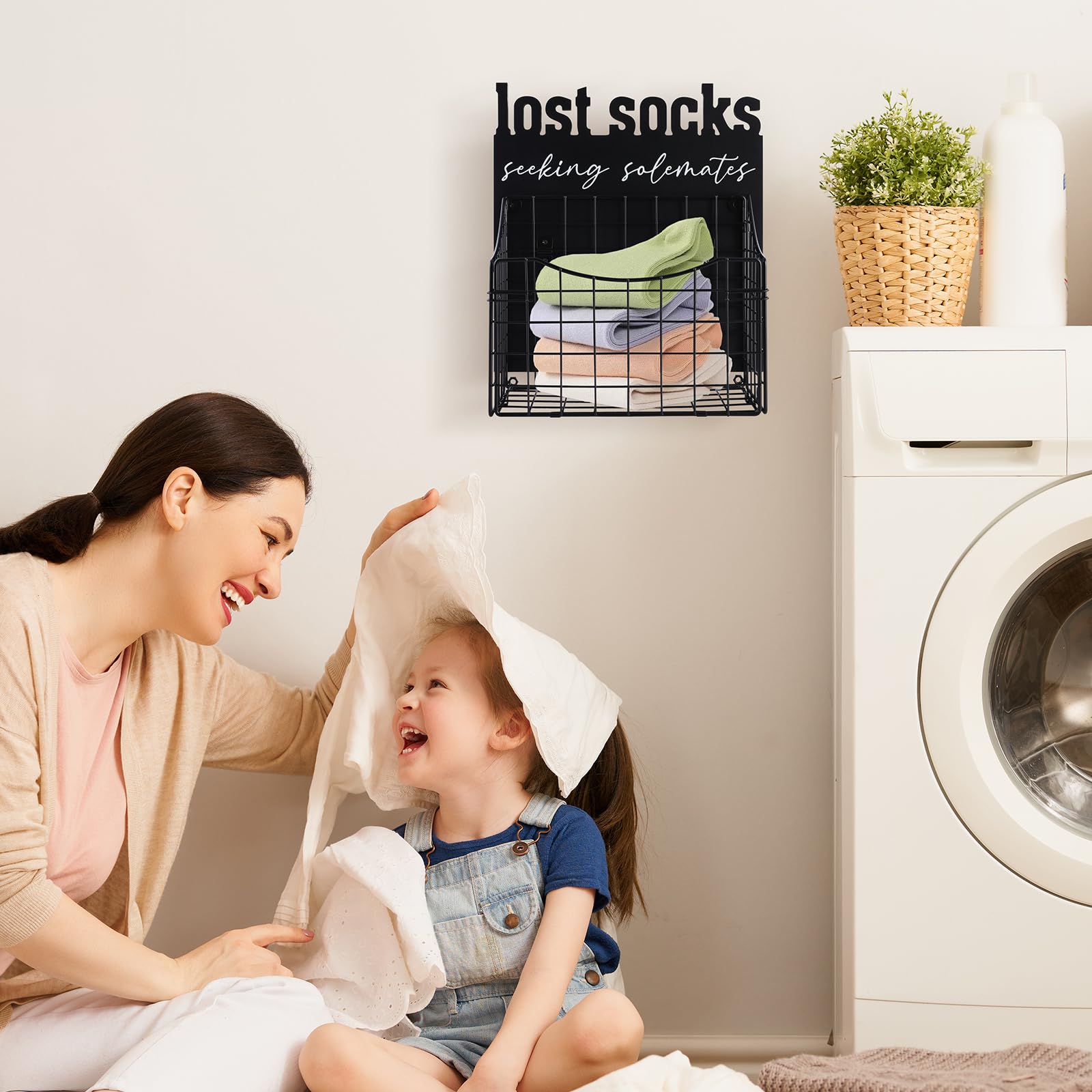 TSIMHOMED Lost Socks Basket - Creative Laundry Room Organization and Decor, Black Metal Lost Socks Laundry Sign, Housewarming Gifts