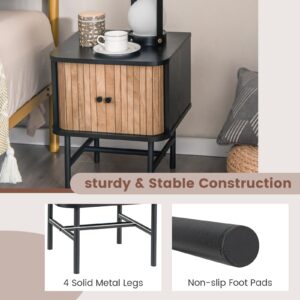 Giantex Mid-Century Modern Nightstand Set of 2, Wood Bedside Tables with Sliding Doors and 4 Metal Legs, Side Tables with Storage Cabinet, Compact Night Stands for Bedroom Small Space, Black