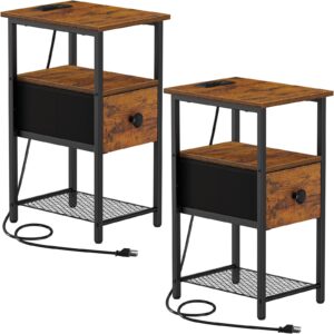 Snughome Nightstand Set of 2, End Table with Charging Station, Side Table with Drawer, 3 Tier Night Stand with USB Ports and Outlet, Beside Table for Bedroom