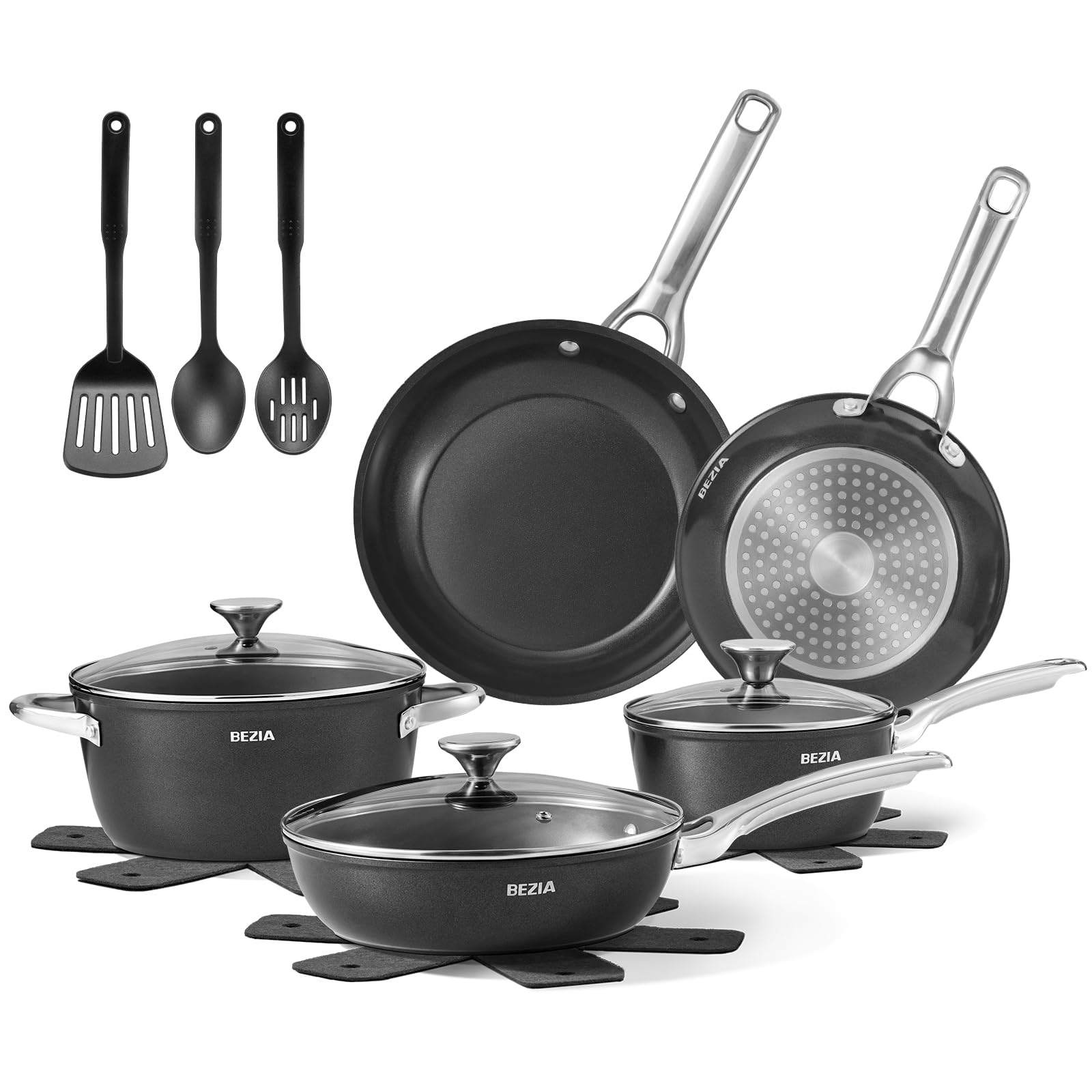 BEZIA Induction Cookware Set 15-Piece, Pots and Pans Set Non Stick with Ceramic Coating, Induction Pots Set with Stainless Steel Handles ＆ Lids, Oven Safe, Compatible with All Stoves