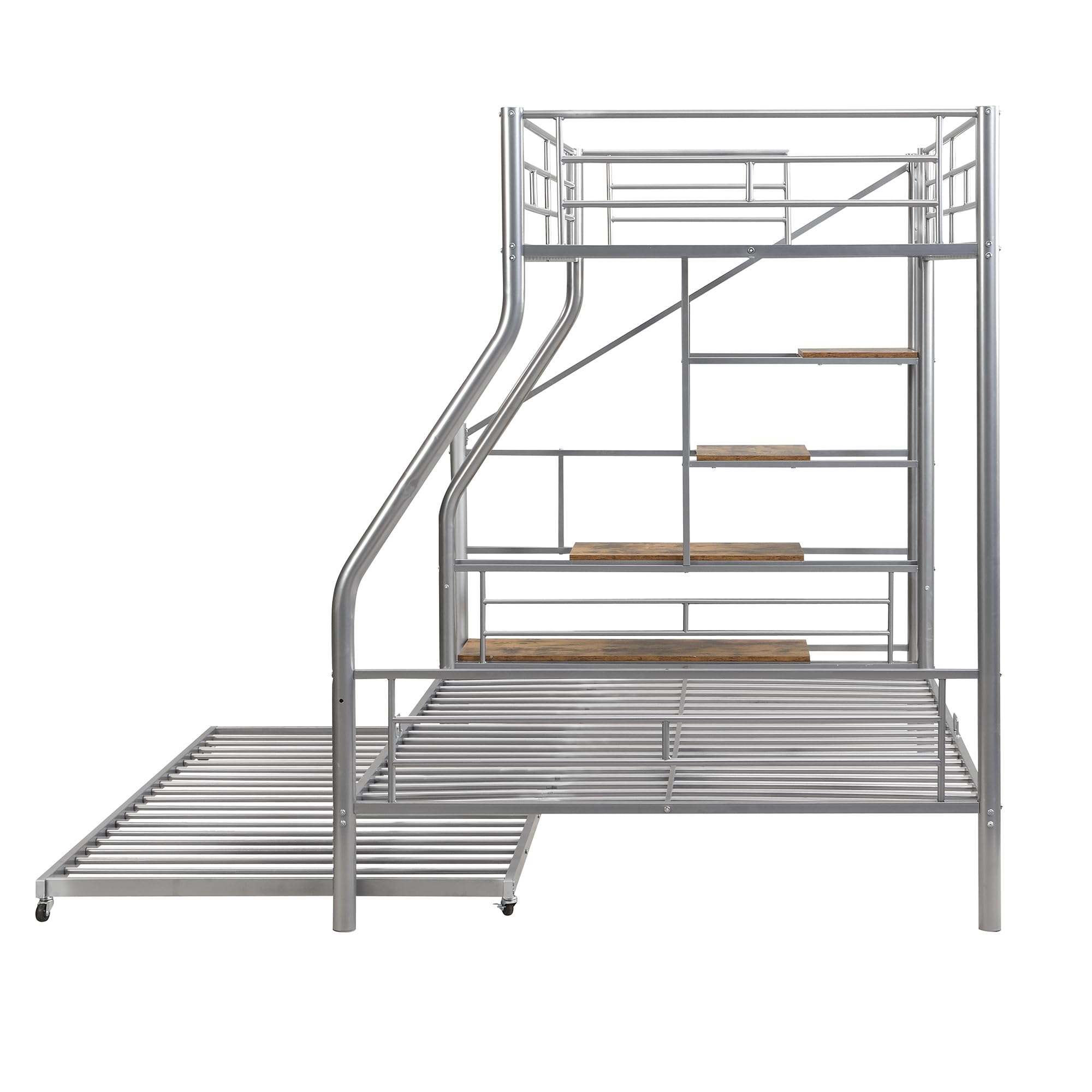 Bellemave Twin Over Full Metal Bunk Beds with Trundle and Storage Staircase,Heavy-Duty Metal Bunk Bed Frame for Kids,Teens,Adults，Space-Saving,Silver