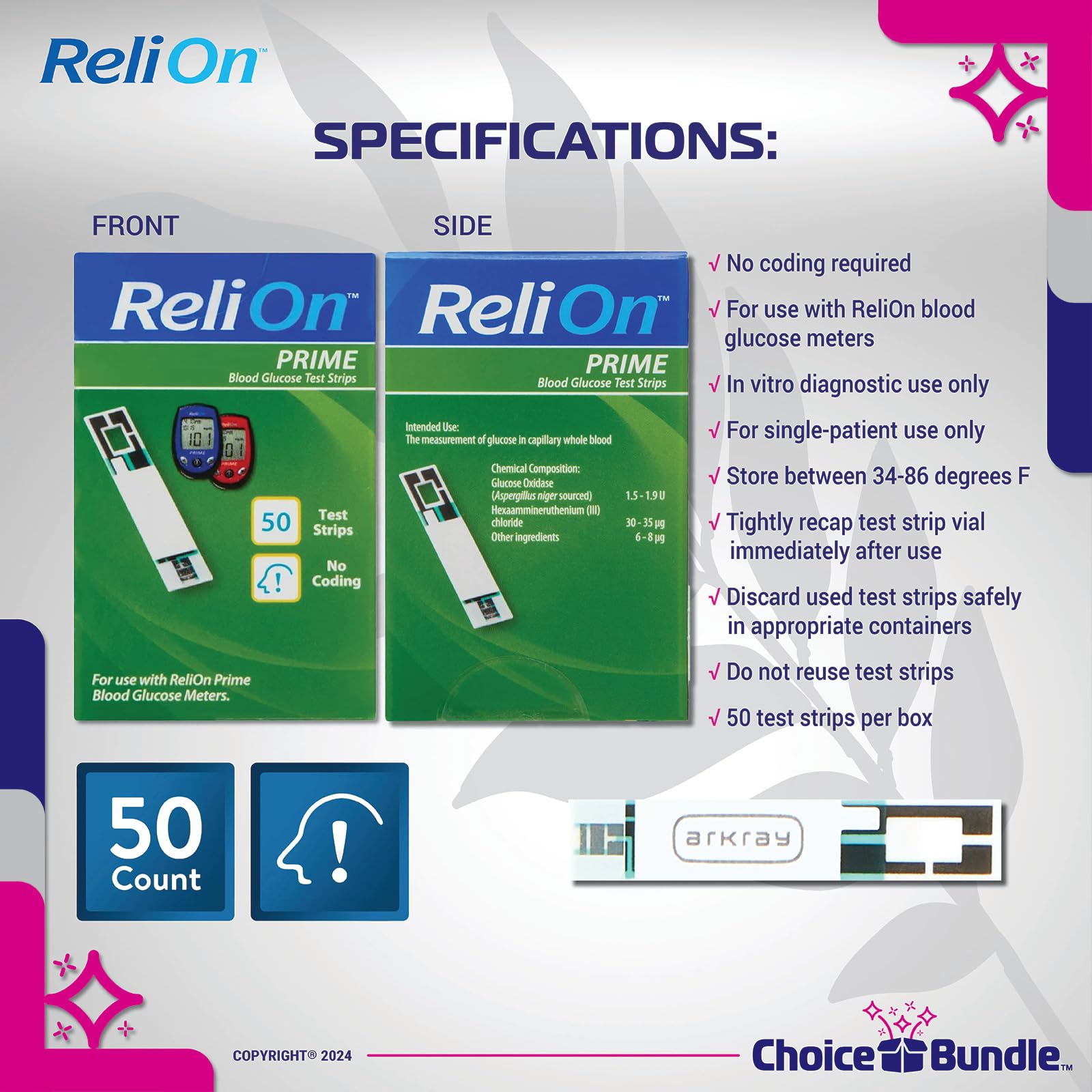 ReliOn Reli On Prime Blood Glucose Test Strips, 50 Ct Choice Bundle I Includes Food for Life Guide & Portable Pill Container (3 Items)!