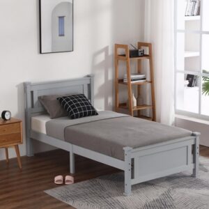 AOCOROE Twin Bed Frame for Boys and Girls, Twin Size Wooden Platform Bed with Vertical Stripe Headboard, Foot Board, Slats Included, No Box Spring Needed, Grey