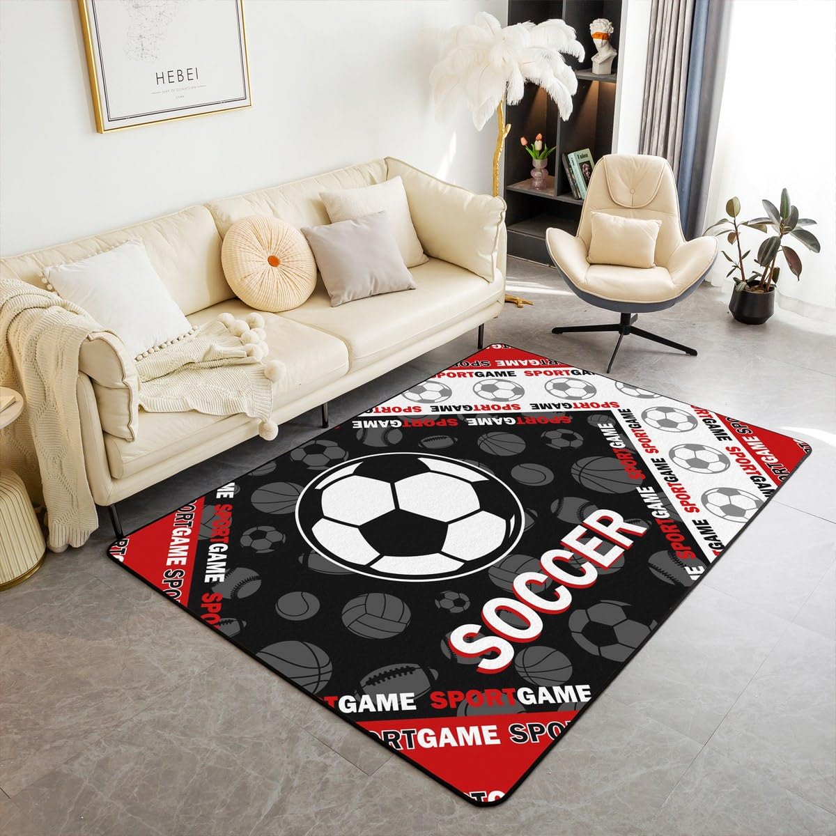 Soccer Boys Area Rug 150cm X 200cm X 1cm Cartoon Football Patchwork Grid Hippie Non Slip Rug for Kids Teens Adults Red Black White Stripes Sports Themed Indoor Floor Mat for Living Room