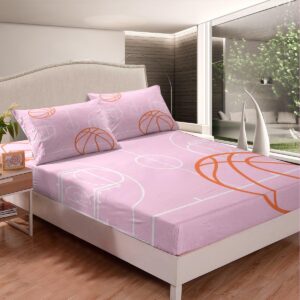 feelyou queen basketball bed sheet set boys girls basketball court bedding sheets for kids soft pink bedding fitted sheet sport bed cover room decor,1 fitted sheet+2 pillow sham（no flat sheet）