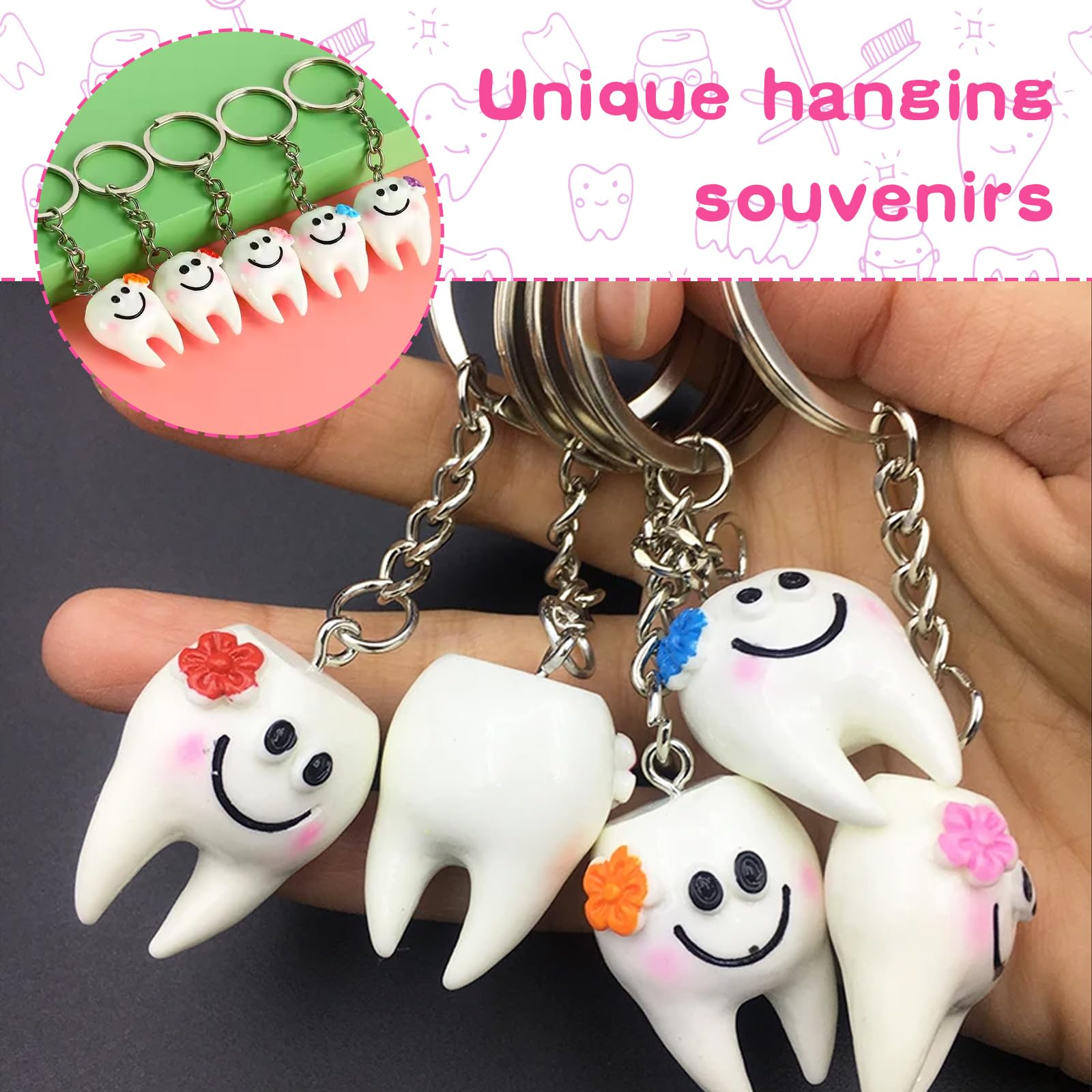 18 Pack Tooth-Shaped Resin Keychains, Dental Key Rings Handbag Pendants Gifts for Dentist, Dental Patients, Birthday Graduation Gifts for New Dentists, Basket Stuffers Party Favors