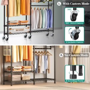 Exglobol Rolling Clothes Rack, Heavy Duty Garment Rack for Hanging Clothes, Wire Adjustable Rolling Clothing Rack with Lockable Wheels & 2 Hanger Rods