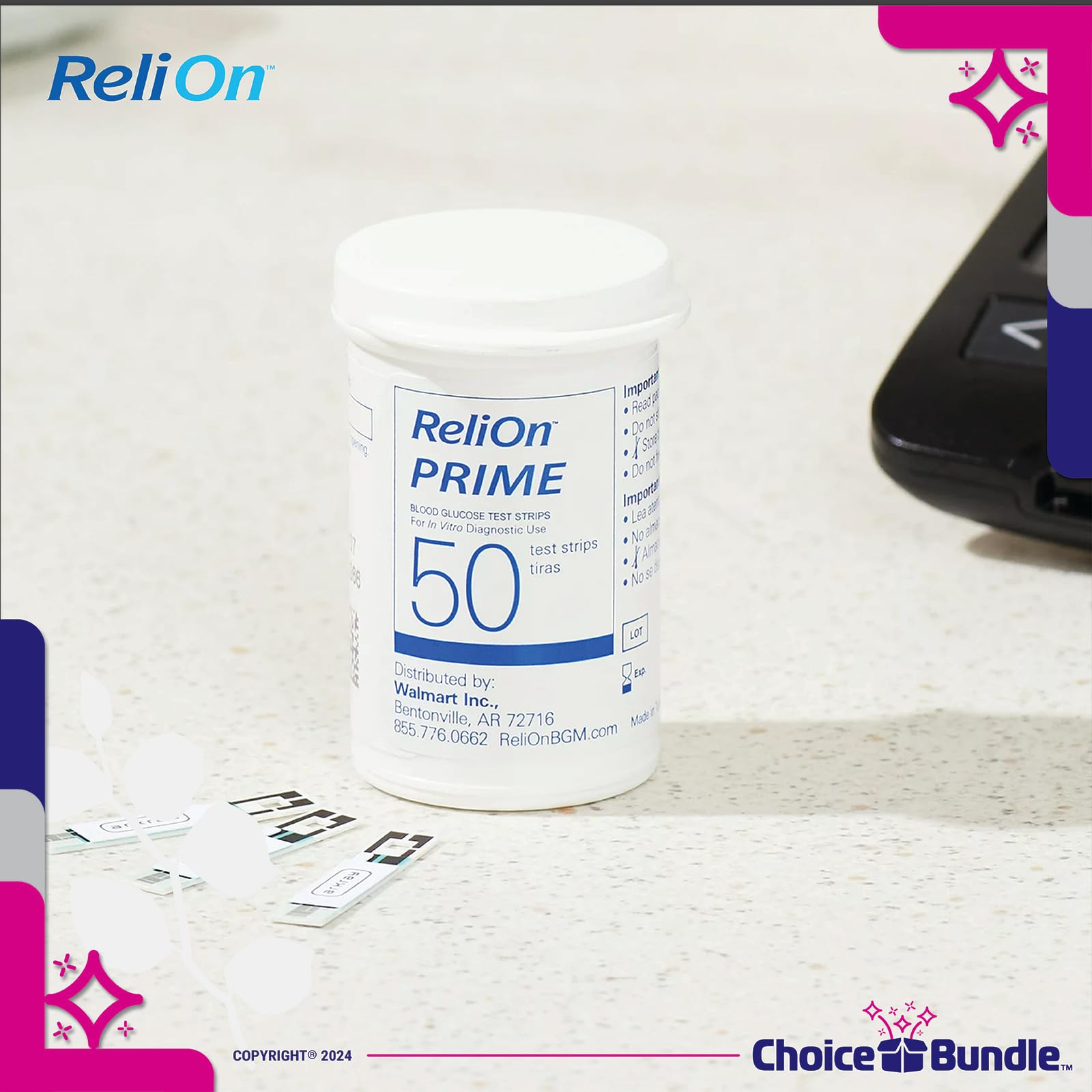 ReliOn Reli On Prime Blood Glucose Test Strips, 50 Ct Choice Bundle I Includes Food for Life Guide & Portable Pill Container (3 Items)!