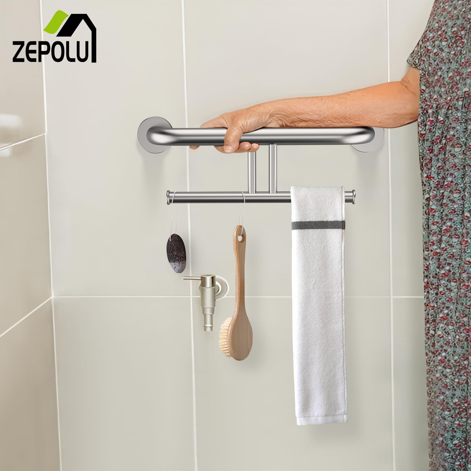 Brushed Nickel Handicap Grab Bar w/Toilet Paper Roll Holder, Zepolu 2-in-1 Safety Assist Bar Balanced Support Handle 17 Inch, Stainless Steel Wall Mounted Bathroom Toilet Grab Bar for Senior Elderly