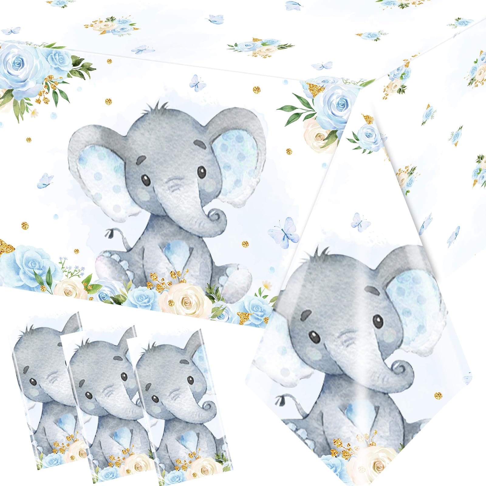 Juweked 3 Pcs Blue Elephant Baby Shower Tablecloth for Boy Baby Shower Table Cloths Rectangle It's A Boy Baby Shower Tablecloth Baby Shower Plastic Table Cover Gender Reveal Decor, 70.8" x 42.5"