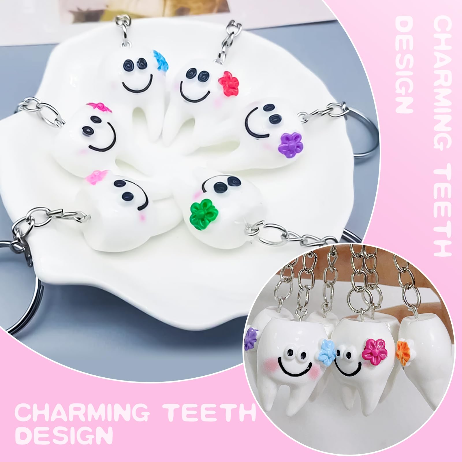 18 Pack Tooth-Shaped Resin Keychains, Dental Key Rings Handbag Pendants Gifts for Dentist, Dental Patients, Birthday Graduation Gifts for New Dentists, Basket Stuffers Party Favors