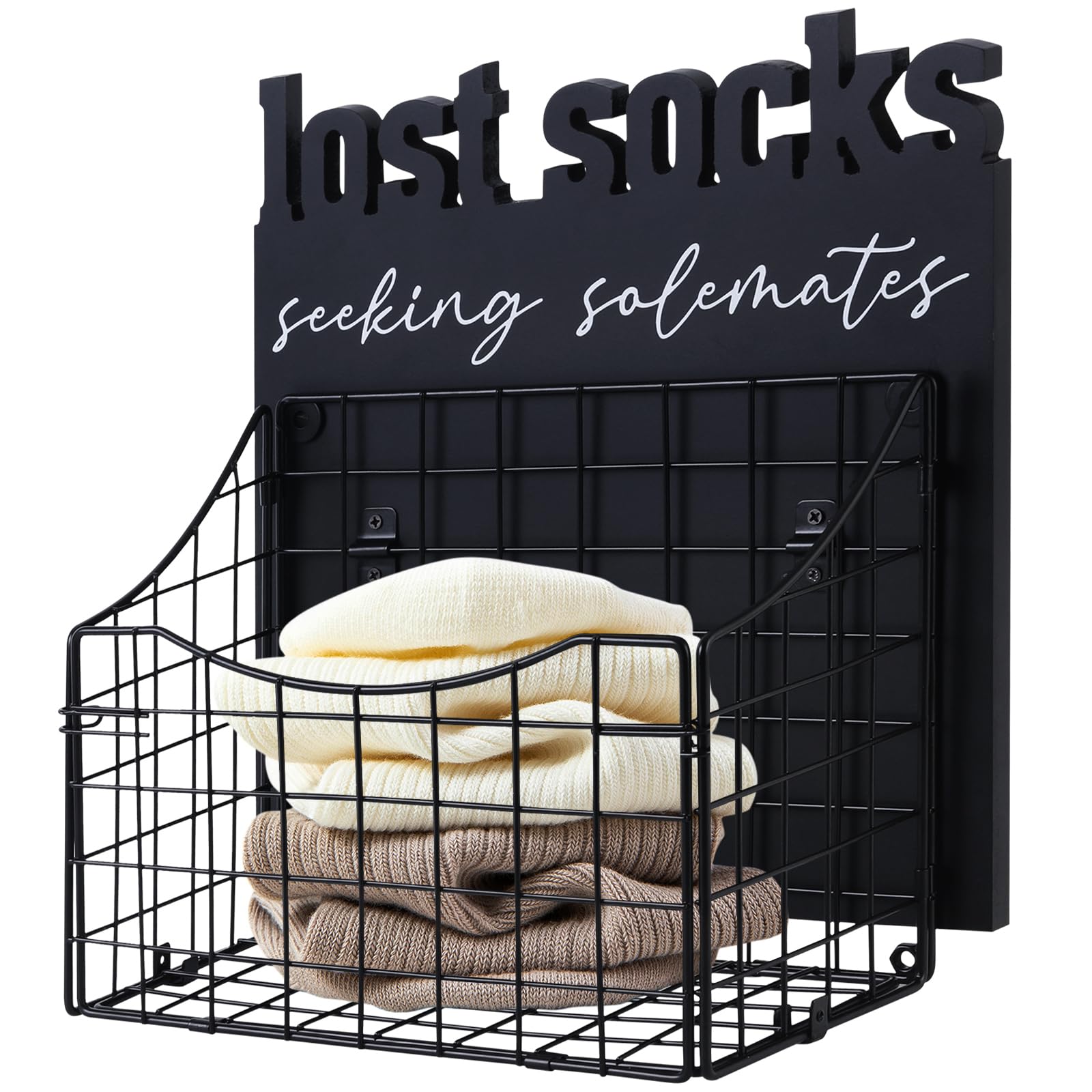 TSIMHOMED Lost Socks Basket - Creative Laundry Room Organization and Decor, Black Metal Lost Socks Laundry Sign, Housewarming Gifts