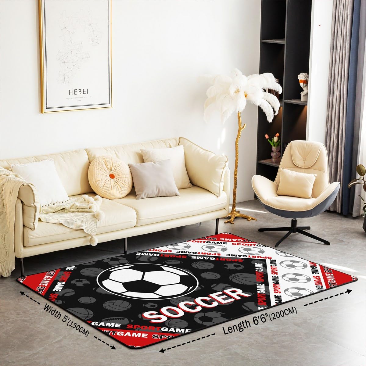 Soccer Boys Area Rug 150cm X 200cm X 1cm Cartoon Football Patchwork Grid Hippie Non Slip Rug for Kids Teens Adults Red Black White Stripes Sports Themed Indoor Floor Mat for Living Room