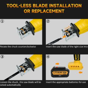 Cordless Reciprocating Saw for DeWalt 20V MAX Battery, 0-3000 SPM Variable Speed Trigger, Tool-free Blade Change, Power Recipro Saw with 4 Saw Blades for Wood & Metal, Trees, PVC Cutting（No Battery）