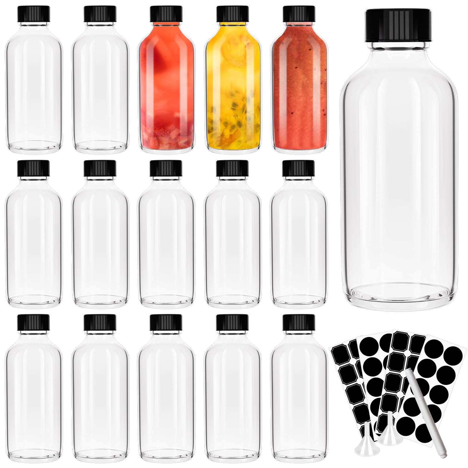 4 oz Clear Glass Bottles with Lids,15 Pack Ginger Shots Bottles Small Glass Bottles with Black Poly Cone Caps for Essential oils,120ml Boston Round Samples Bottles for Juice,Dispensing,Travel Use