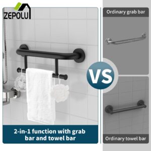 Black Grab Bar Towel Rack Combo, Zepolu Handicap Towel Bar for Bathroom, Stainless Steel Safety Assist Bar Balanced Support Handle 17 Inch, Wall Mounted Towel Grab Bars for Senior Elderly Disabled