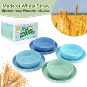 Mfacoy Wheat Straw Kids Plates and Bowls Set, Unbreakable Kids Dinnerware Set - 4 Pcs 7.75" Dinner Plates & 4 Pcs 18 oz Cereal Bowls, BPA Free, Microwave & Dishwasher Safe, Reusable Childrens Dishes