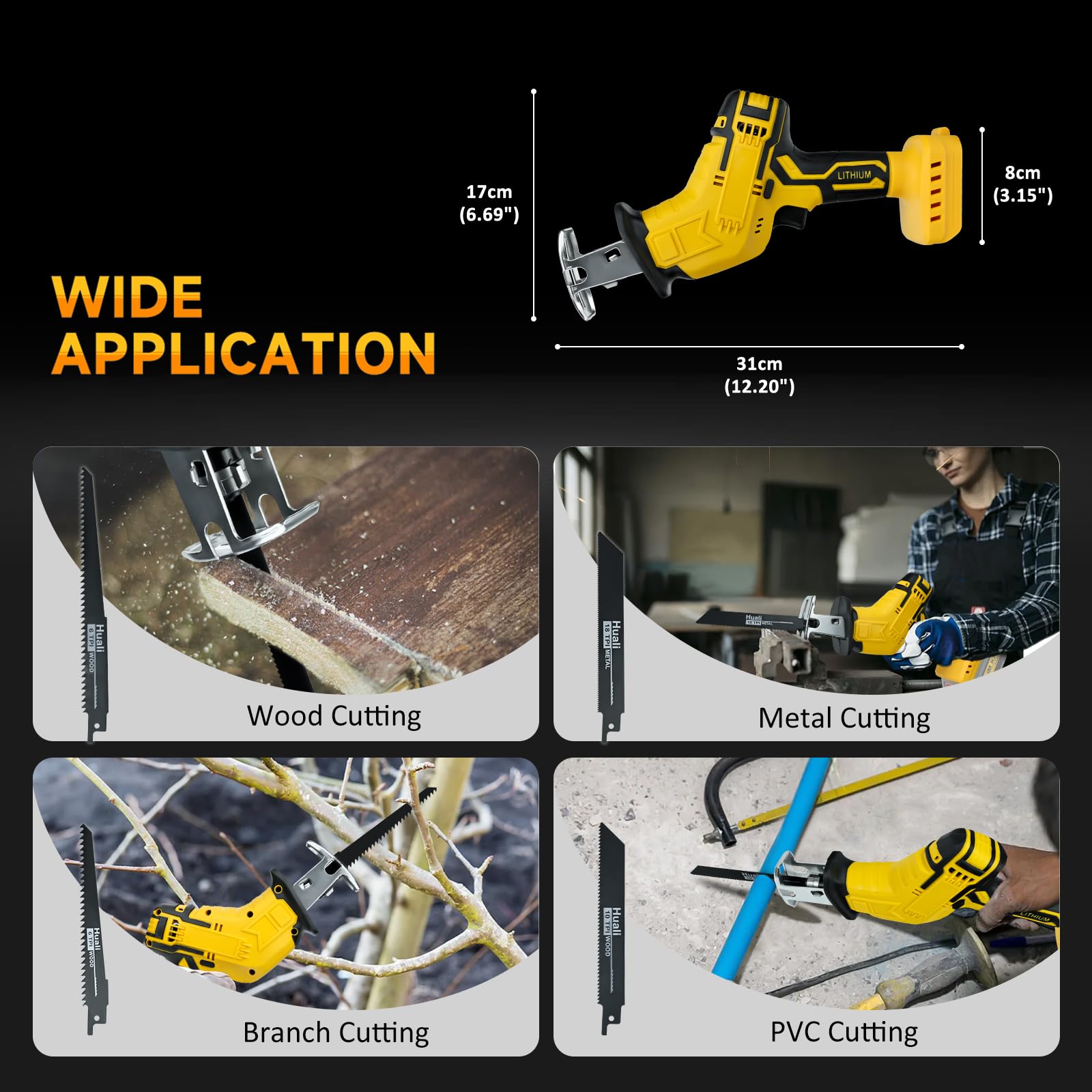 Cordless Reciprocating Saw for DeWalt 20V MAX Battery, 0-3000 SPM Variable Speed Trigger, Tool-free Blade Change, Power Recipro Saw with 4 Saw Blades for Wood & Metal, Trees, PVC Cutting（No Battery）