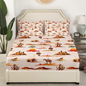 Erosebridal Western Cowboy Bed Sheets Queen, Retro Animal Fitted Sheet for Kids, Cartoon Sunset Desert Cowgirl Sheets, American Adventure Brown Bedding Set